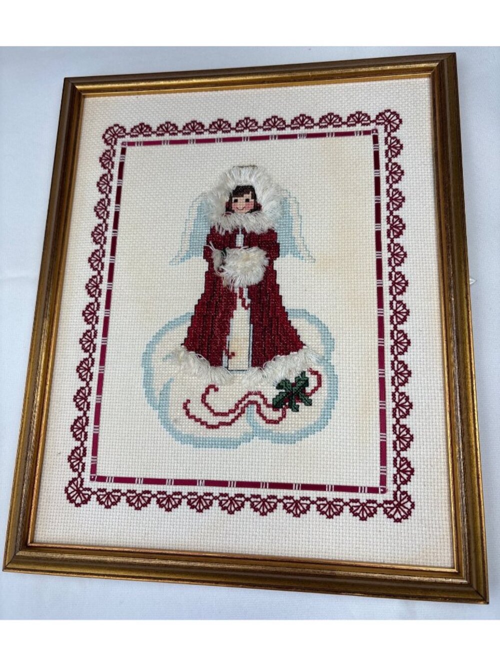 Handmade Cross-Stitch Angel in Red Frame 12"x10" Christmas Decor